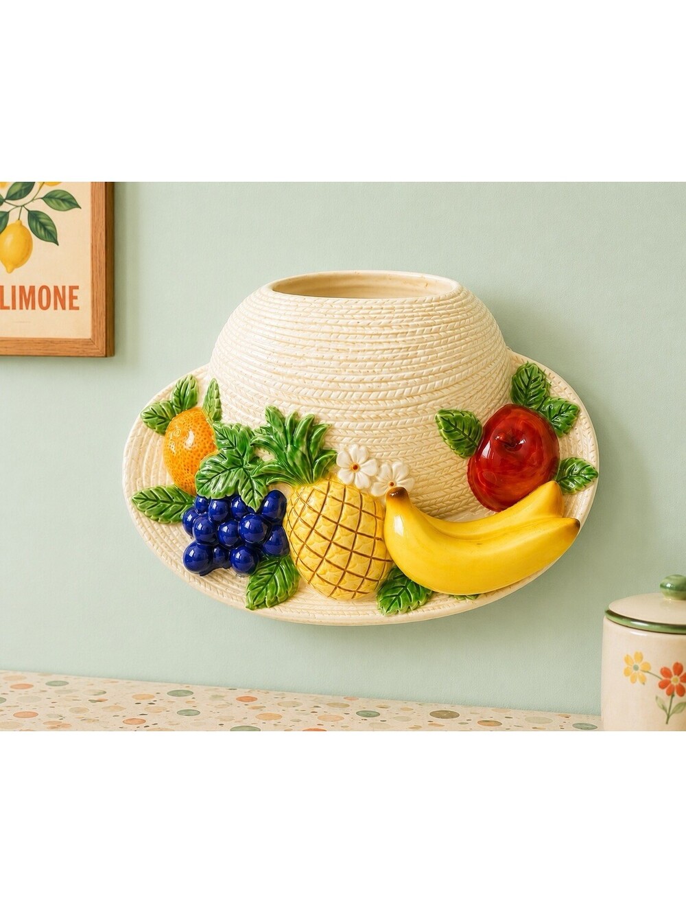 Empress by Haruta Japan 1960s Fruit Hat Wall Pocket Vase Ceramic, 10x7”